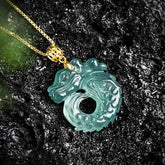 Natural Blue Jadeite Dragon Fish Pendant Necklace, 18K Gold Bail, 925 Sterling Silver Chain 46cm jade BMjade