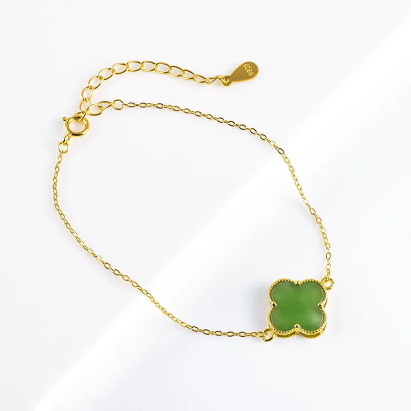 Natural Burmese Green Jade Four-Leaf Clover Bracelet, S925 Silver Lucky Jewelry jade BMjade