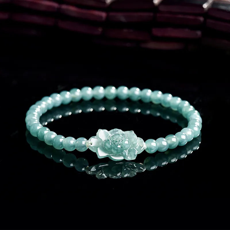 Natural Jadeite Hand-Carved Lotus Beaded Stretch Bracelet jade BMjade