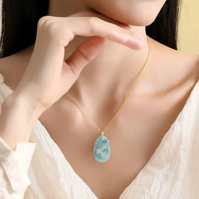 Real Blue Jadeite Landscape Plaque Pendant Necklace – 925 Silver, 46CM BMjade