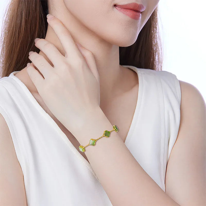 Natural Burmese Green Jade Four-Leaf Clover Bracelet, S925 Silver Jewelry jade BMjade