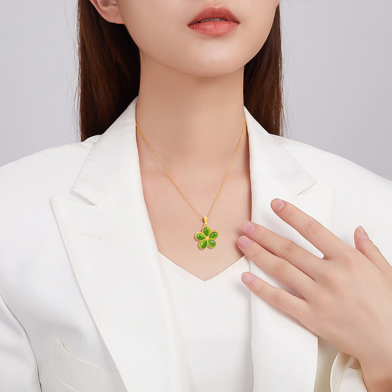 Natural Burmese Jade Five-Petal Flower Pendant Necklace, S925 Silver 46CM for Women jade BMjade