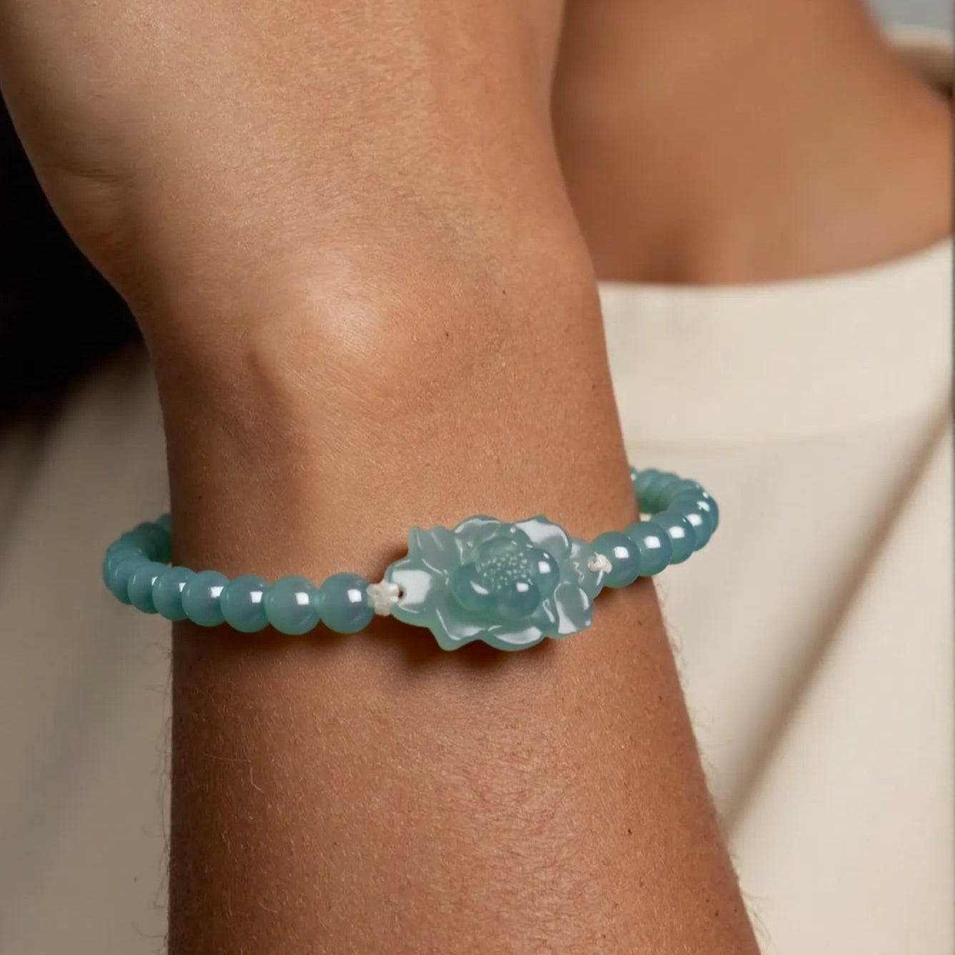 Natural Jadeite Hand-Carved Lotus Beaded Stretch Bracelet jade BMjade