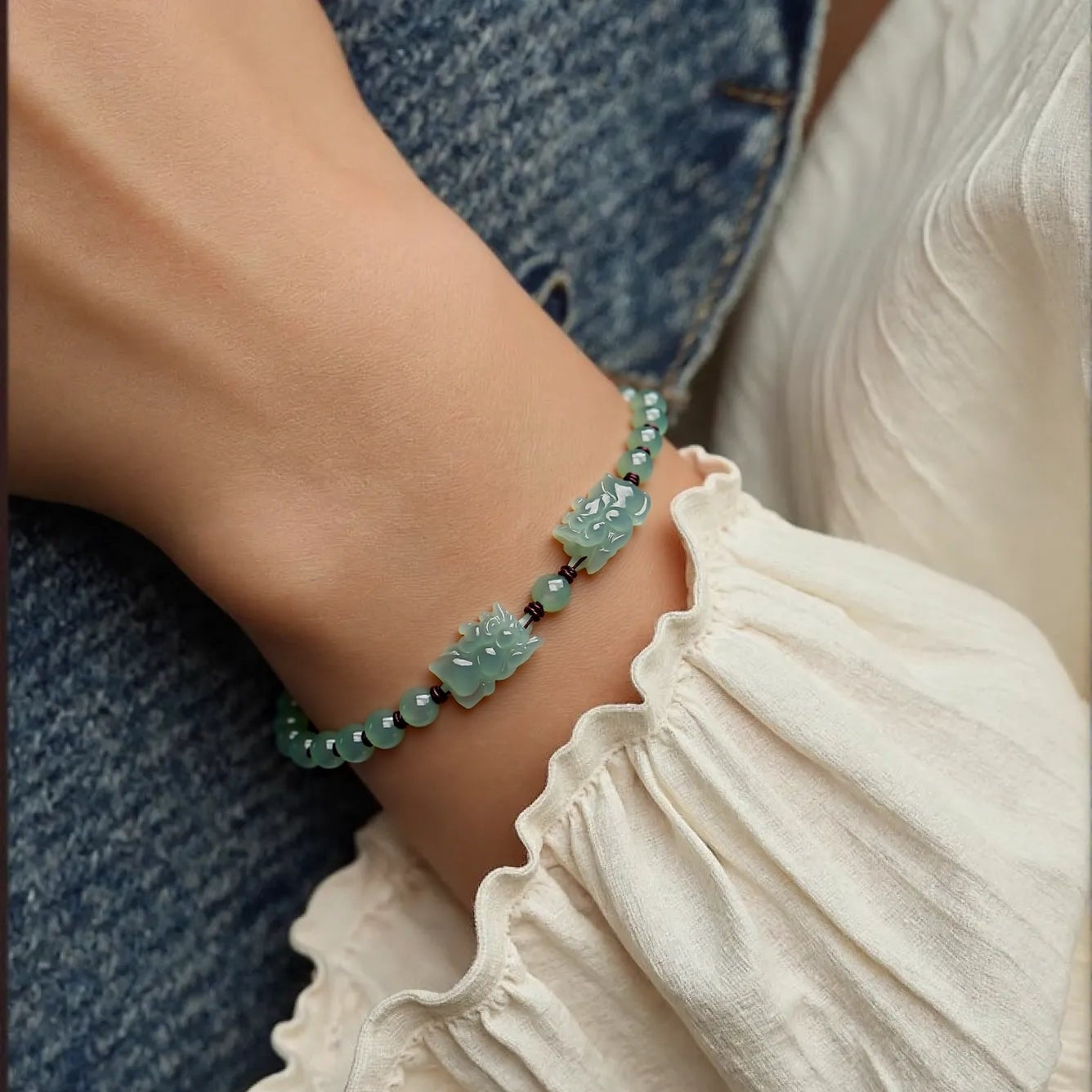 Natural Blue Jade Feng Shui Pixiu Handmade Braided Bracelet | Lucky Wealth Protection jade BMjade