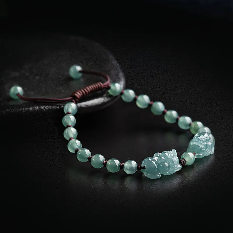 Natural Blue Jade Feng Shui Pixiu Handmade Braided Bracelet | Lucky Wealth Protection jade BMjade