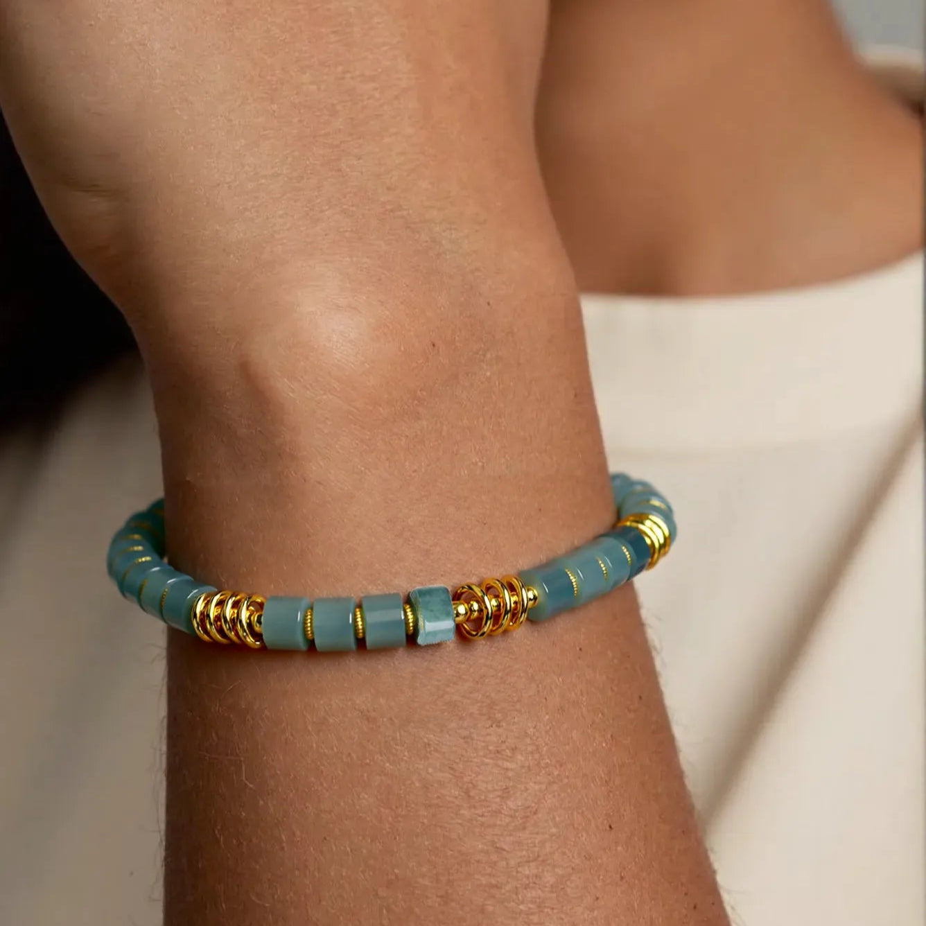 Blue Jadeite Barrel Bead Stretch Bracelet for Women – S925 Silver jade BMjade