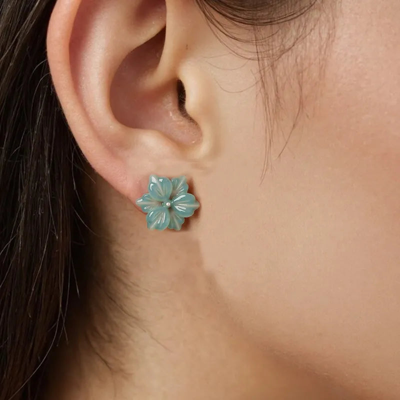 Jadeite Orchid Stud Earrings – Natural Blue Jade Flower Jewelry jade BMjade