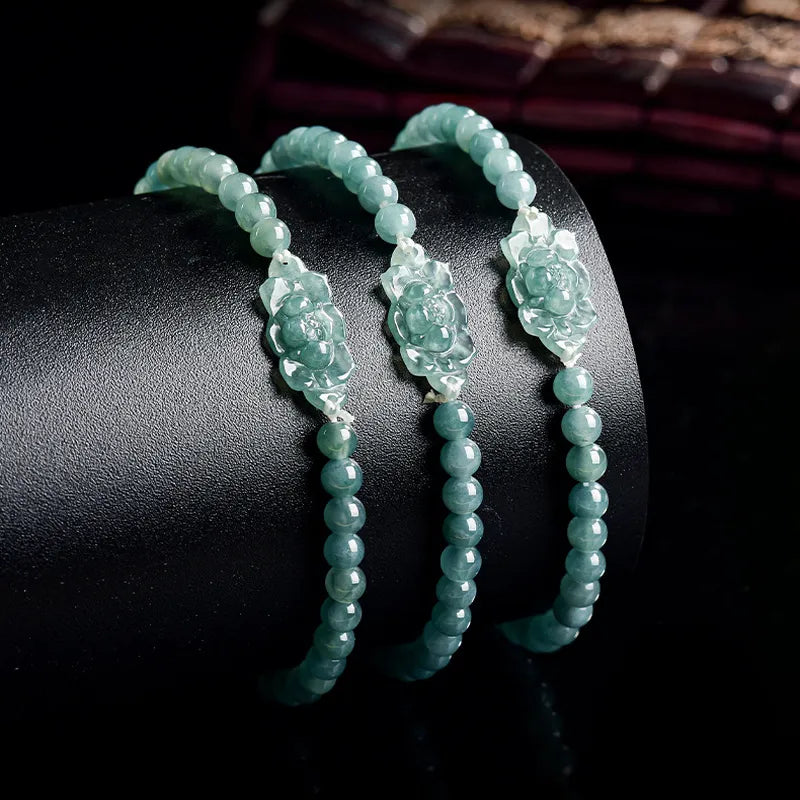 Natural Jadeite Hand-Carved Lotus Beaded Stretch Bracelet jade BMjade