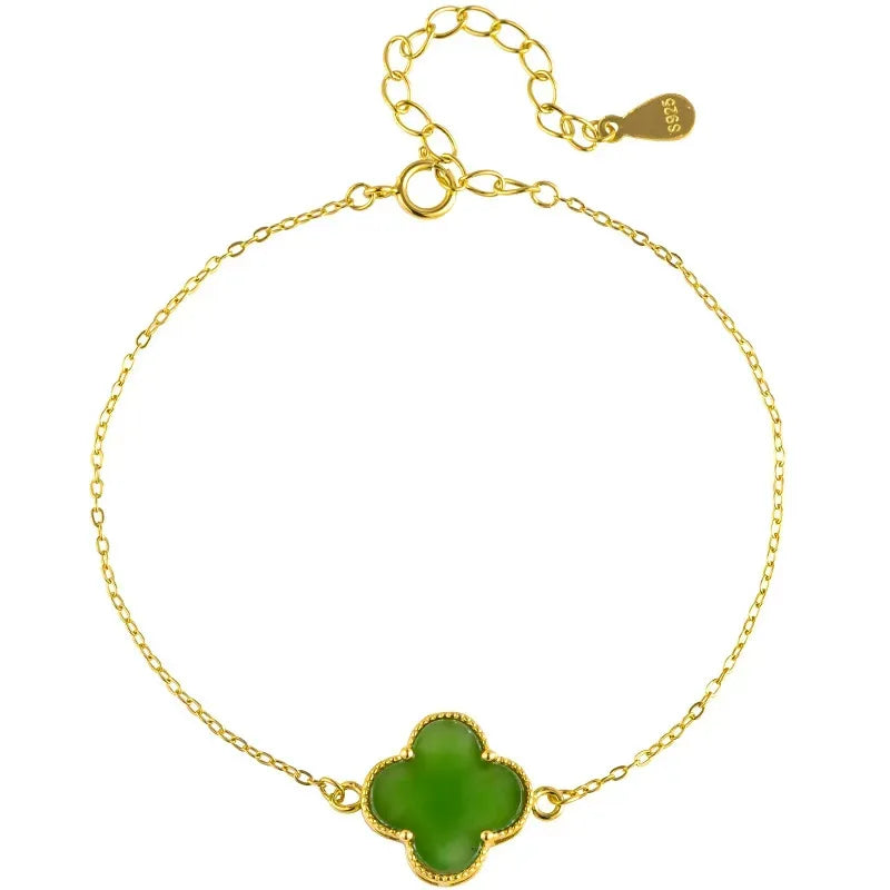 Natural Burmese Green Jade Four-Leaf Clover Bracelet, S925 Silver Lucky Jewelry jade BMjade
