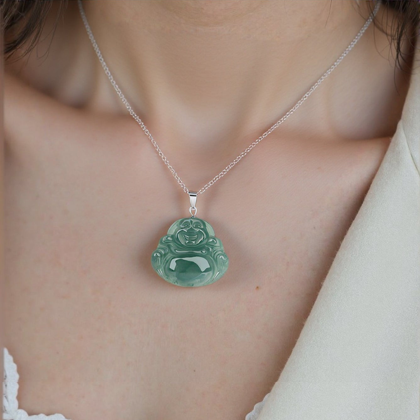 Natural Burmese Jadeite Maitreya Buddha Pendant Necklace – S925 Silver jade BMjade