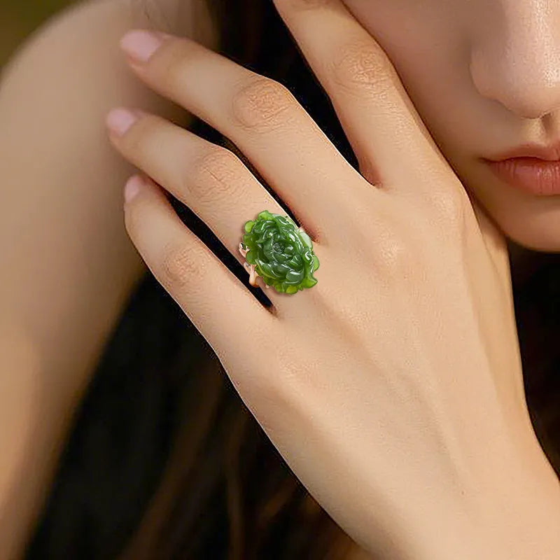 Hand-Carved Natural Burmese Green Jade Lotus Adjustable Ring for Women – S925 Silver jade BMjade