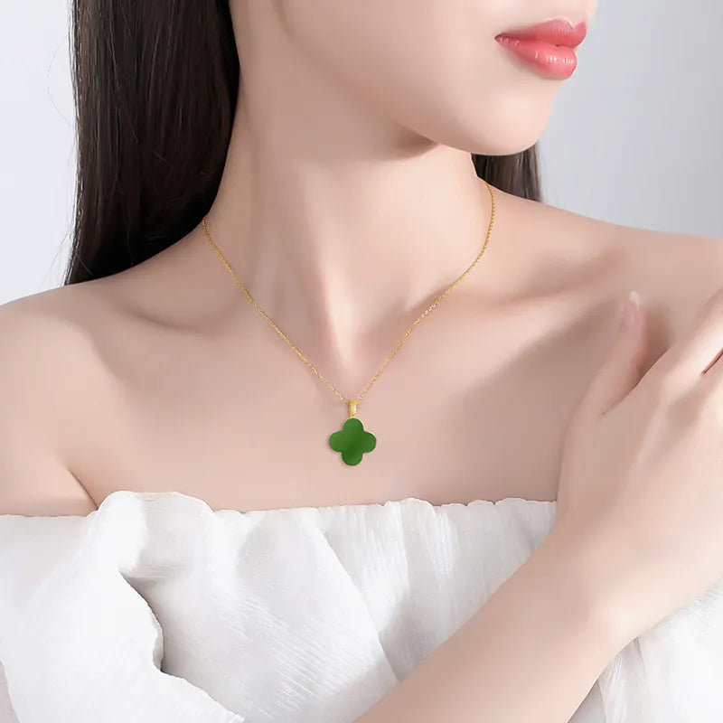 Real Burmese Green Jade Four-Leaf Clover Pendant Necklace – 925 Silver Chain 46CM, 18K Gold Clasp jade BMjade