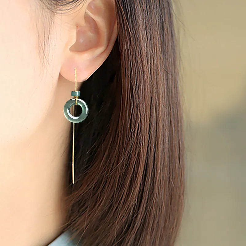 Sterling Silver Donut Threader Earrings with Natural Jadeite – S925 Handmade Jewelry jade BMjade