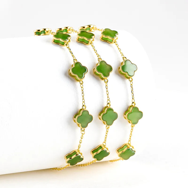 Natural Burmese Green Jade Four-Leaf Clover Bracelet, S925 Silver Jewelry jade BMjade