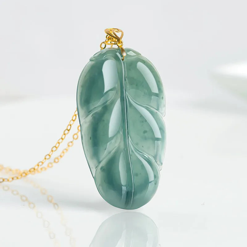 Natural Jadeite Blue Leaf Pendant Necklace for Women – 18K Gold jade BMjade