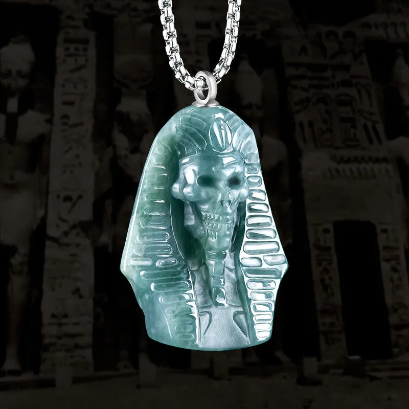 Natural Hand-Carved BlueJadeite 3D Egyptian Pharaoh Necklace for Men BMjade