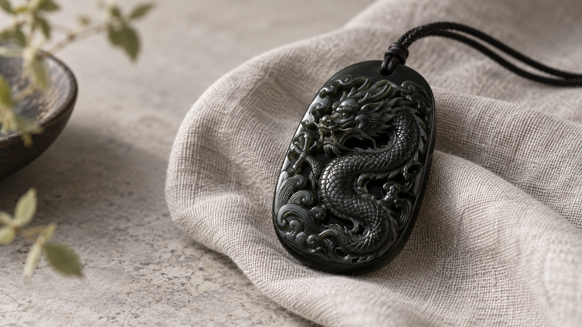 Black jade dragon pendant resting on gray linen in soft natural light