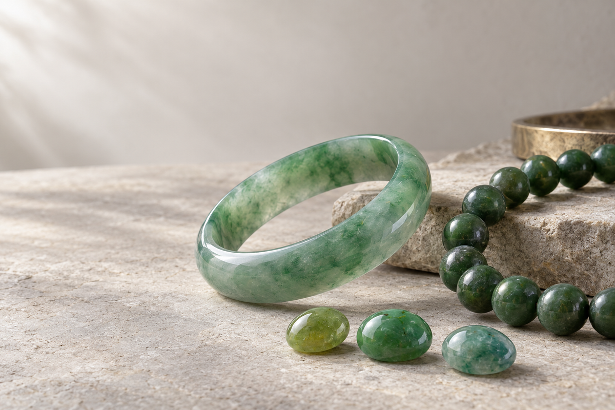 Green jadeite bangle, spinach-green nephrite beads and green jadeite cabochons under neutral daylight