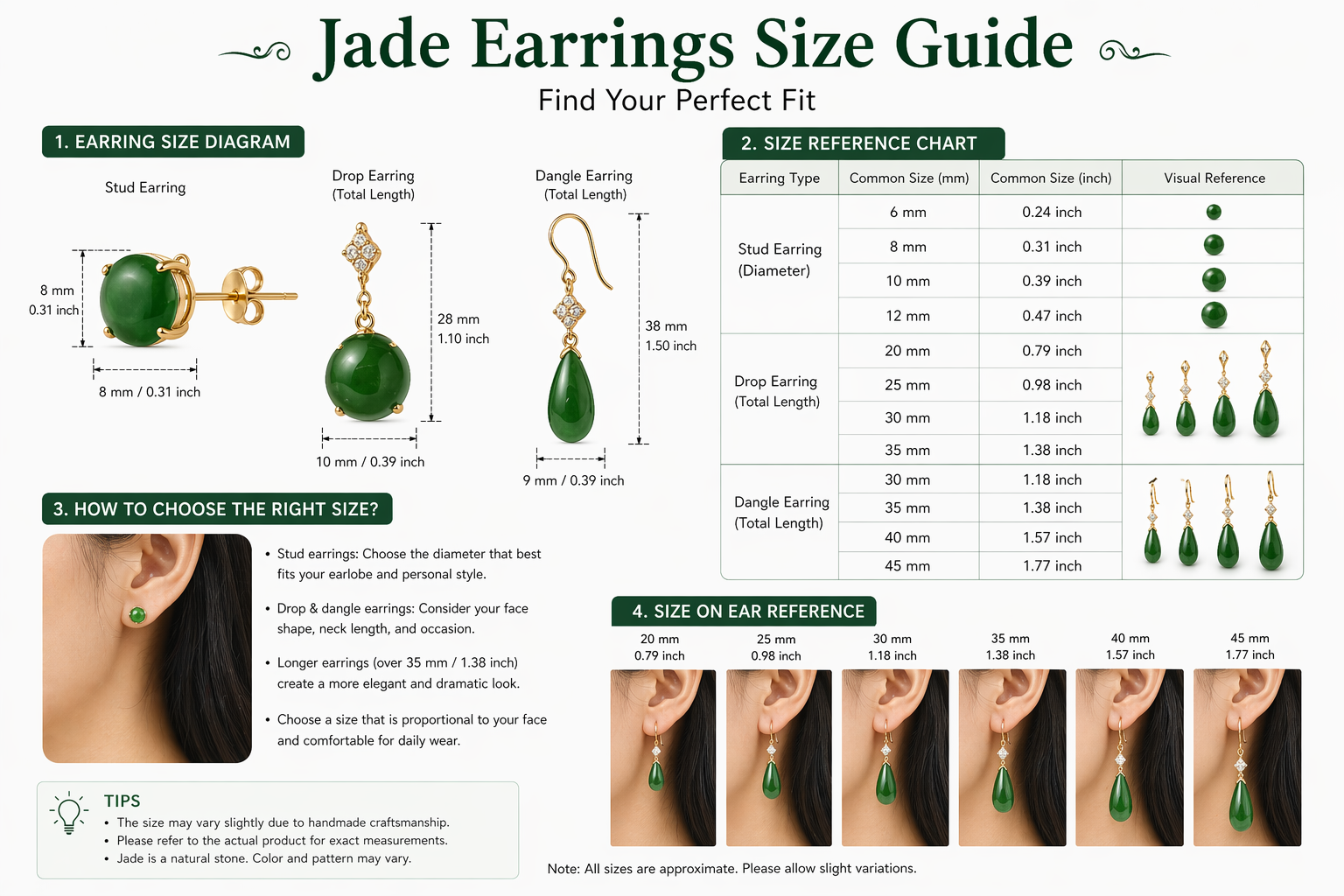 Jade Earring Size Guide: Stud Diameter, Drop Length and Weight