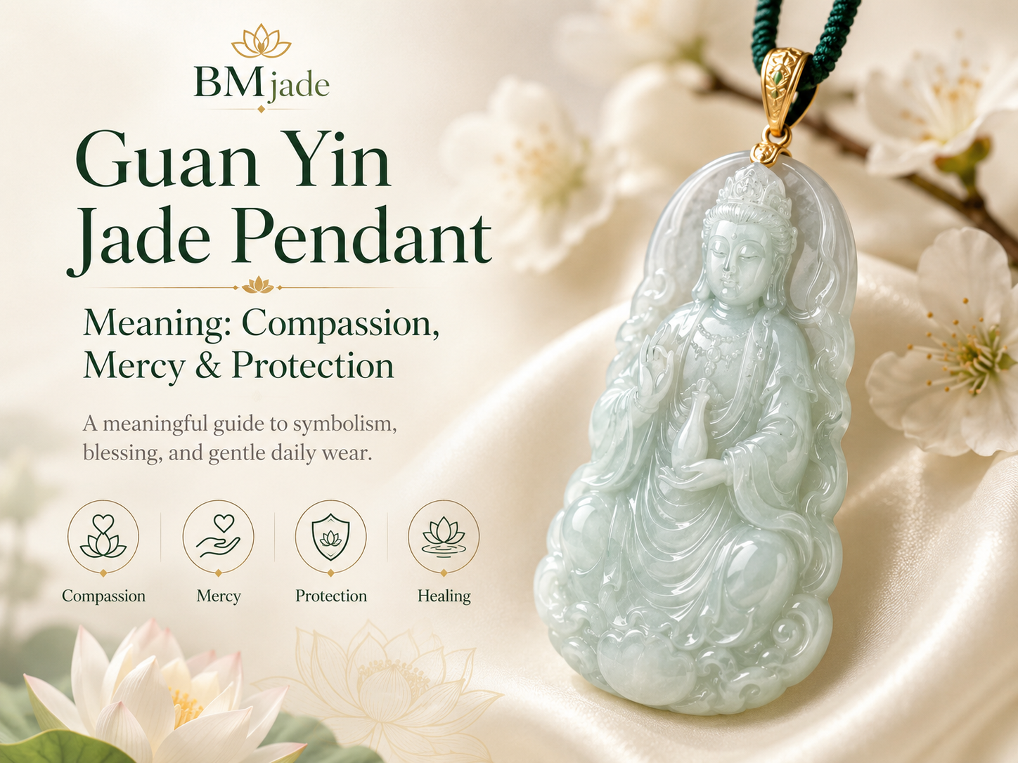 Guan Yin jade pendant meaning guide showing compassion mercy and protection symbolism