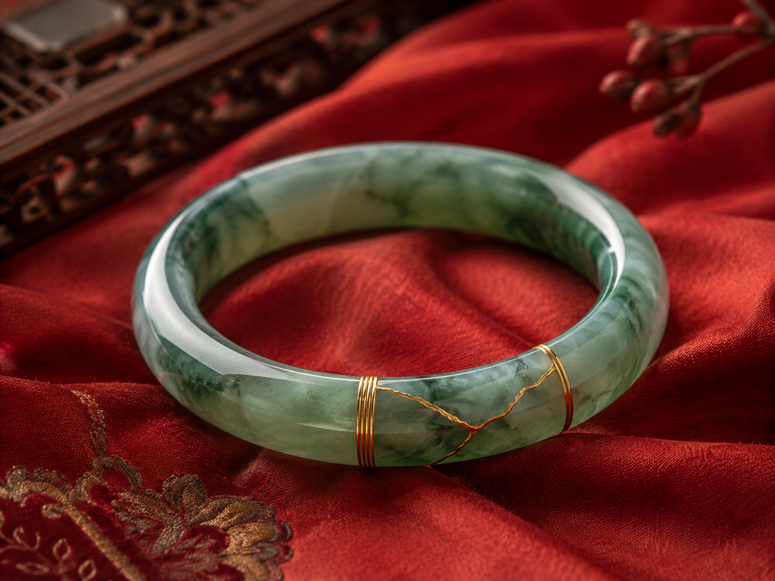 Broken jade bracelet repaired with gold inlay on silk background