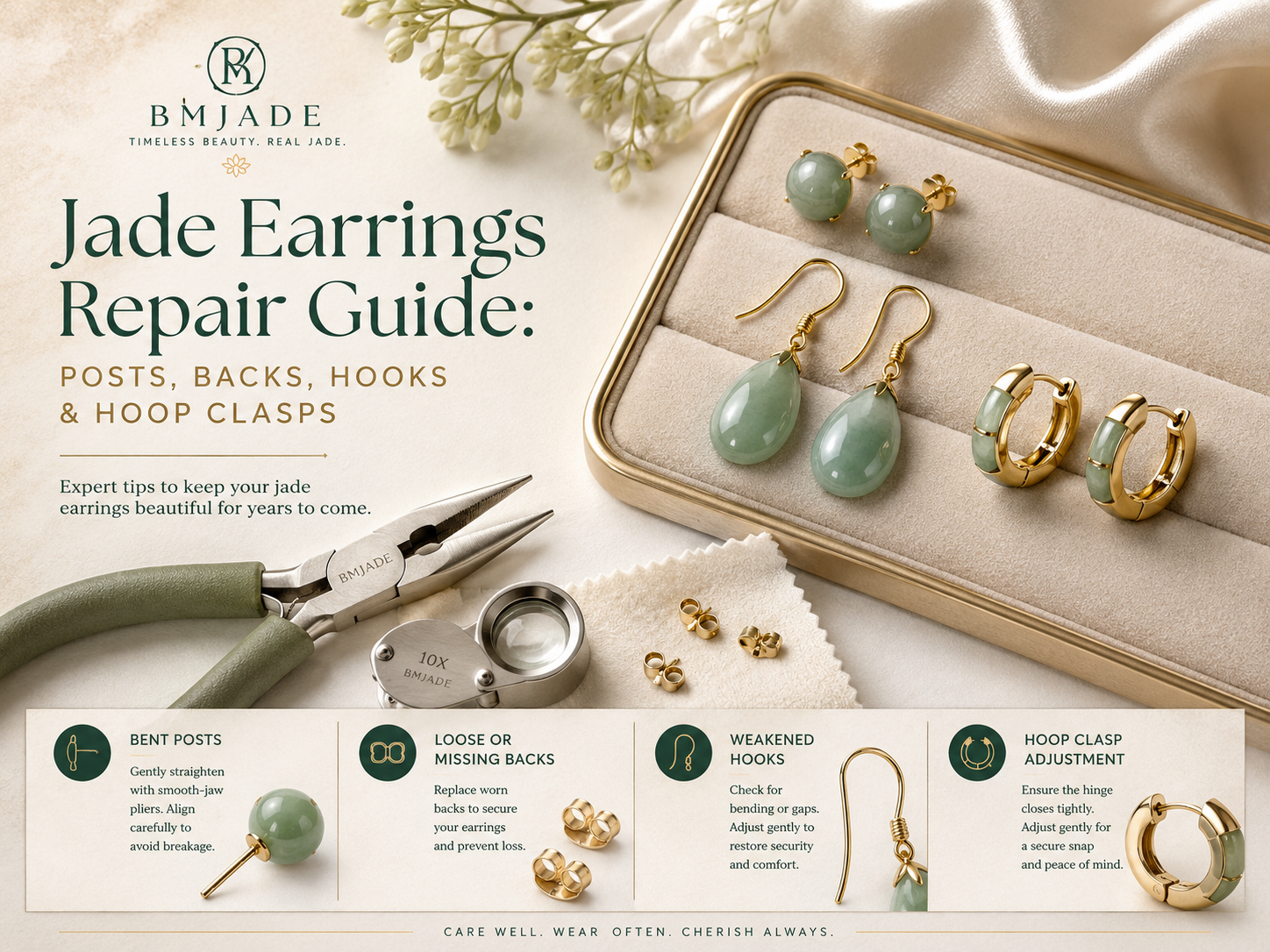 Jade earrings repair guide showing posts backs hooks and hoop clasp repair tools