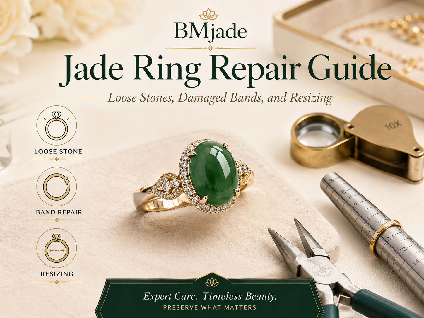 Jade ring repair guide showing loose stone band repair and resizing tools