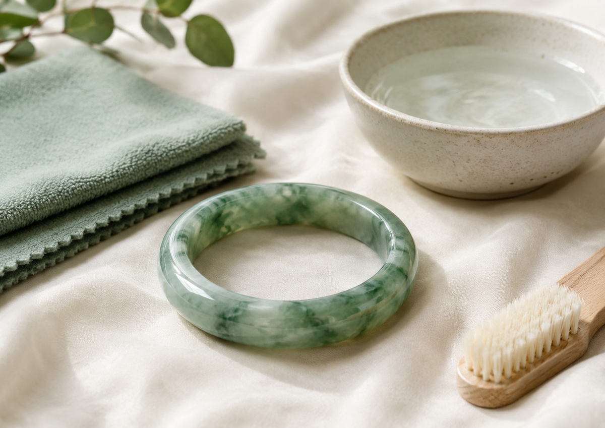 Ultimate jade bracelet care guide with microfiber cloth, soft brush, and gentle cleaning tools