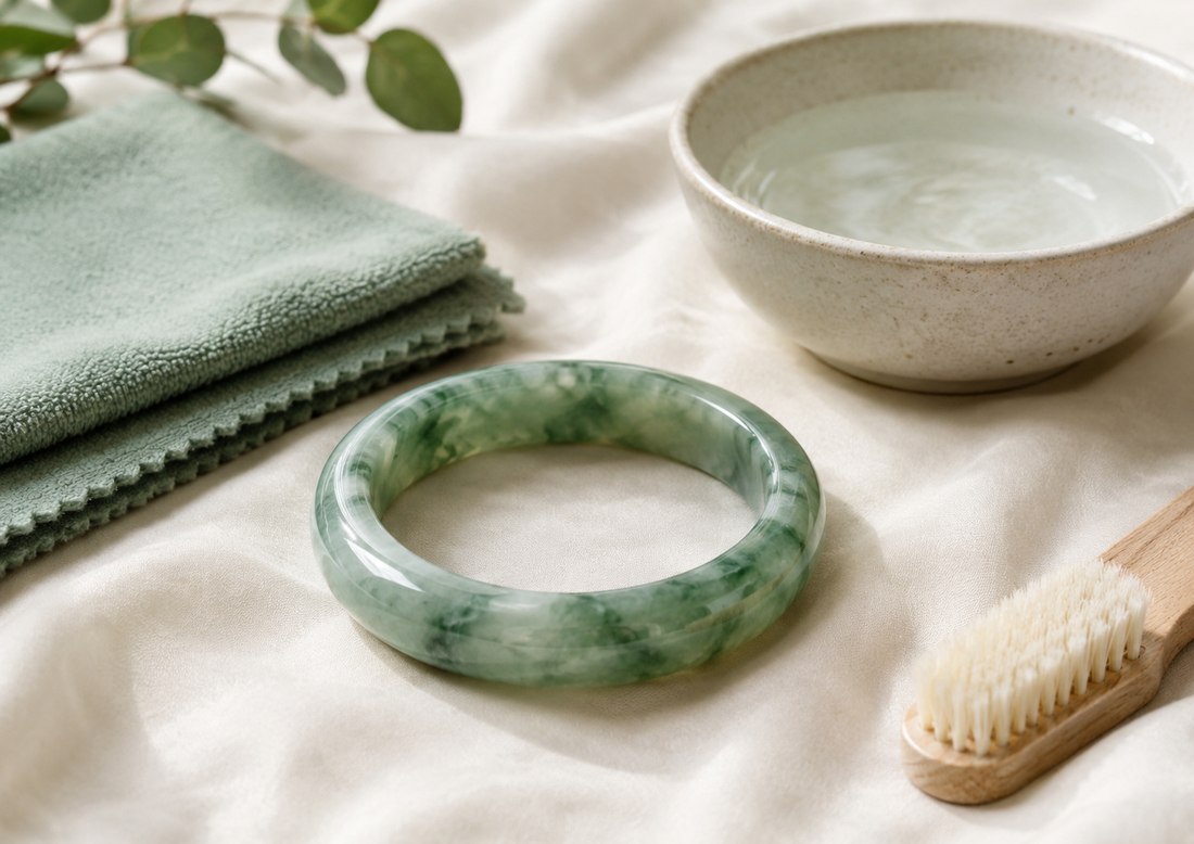 Ultimate jade bracelet care guide with microfiber cloth, soft brush, and gentle cleaning tools