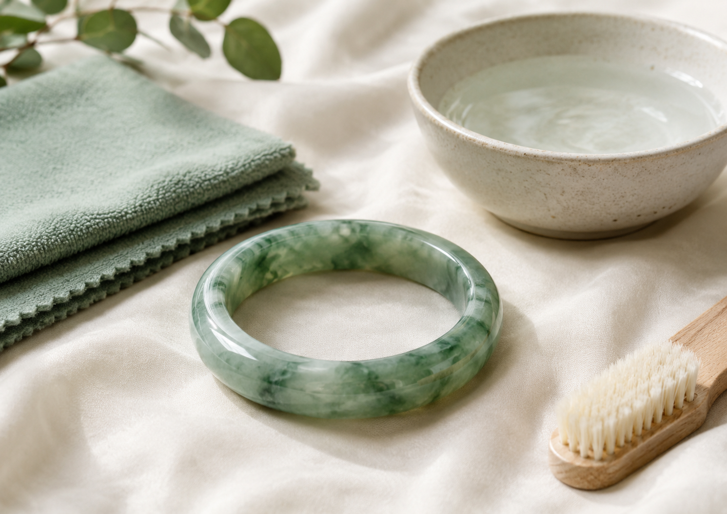 Ultimate jade bracelet care guide with microfiber cloth, soft brush, and gentle cleaning tools