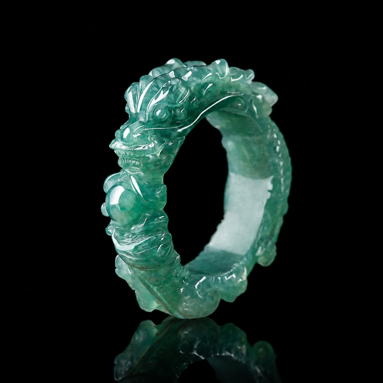 Natural Blue Jadeite Hand-Carved Dragon Ring for Men