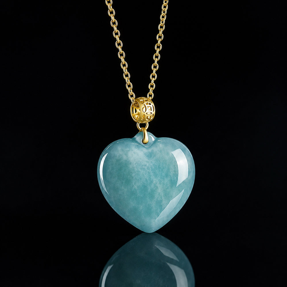 Blue jade heart pendant with 18K gold bail and sterling silver chain