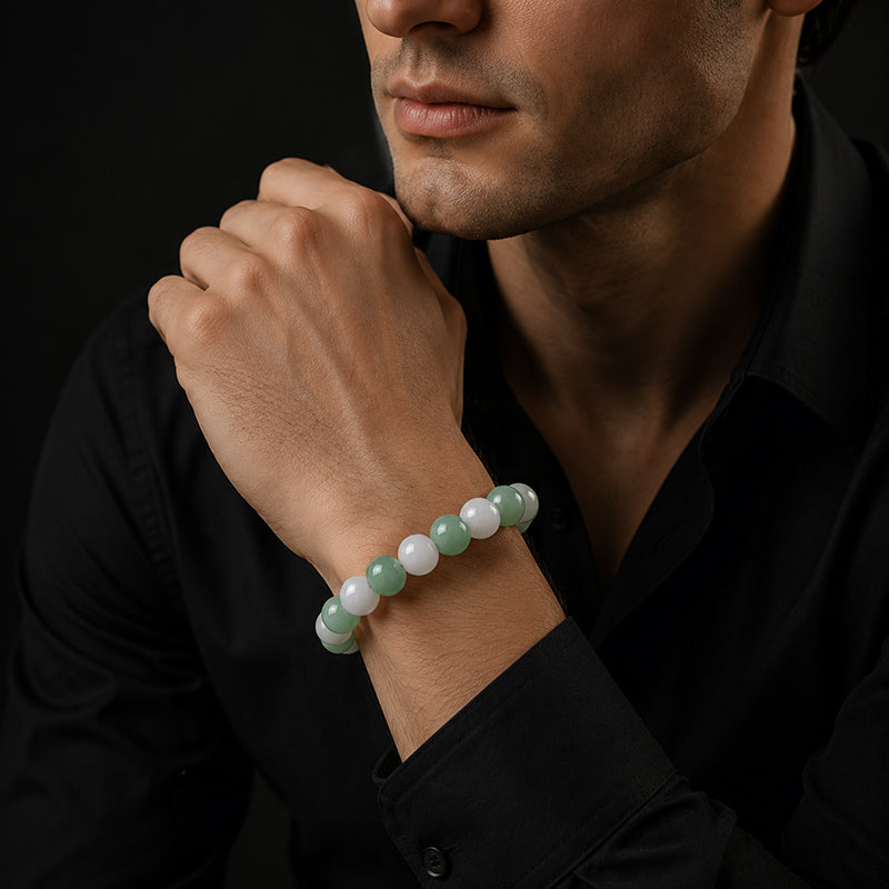 Natural White & Green Jadeite Bead Bracelet – 6mm 8mm 10mm