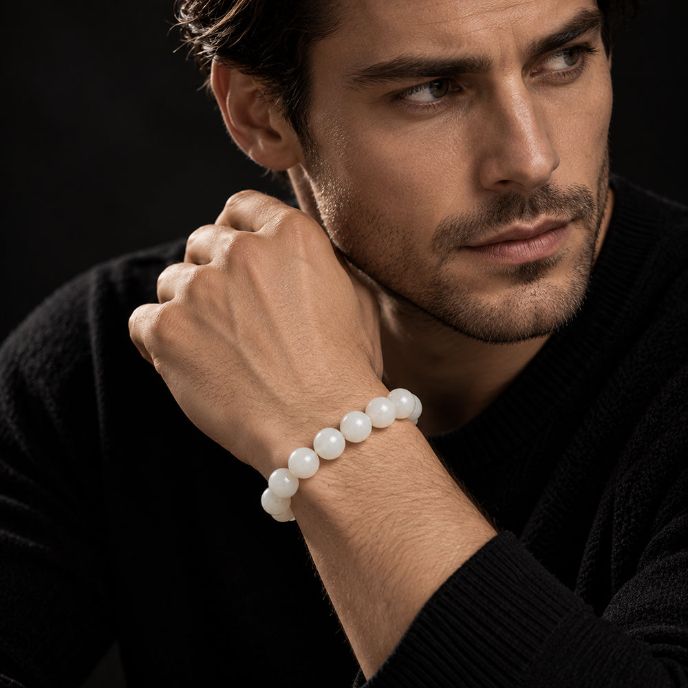 Natural White Nephrite Jade Bead Bracelet