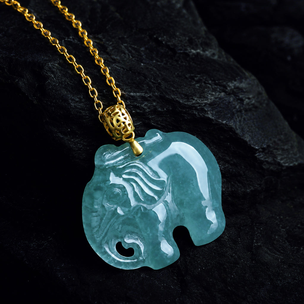 Real Blue Jadeite Elephant Pendant Necklace – 925 Silver Chain 46CM, 18K Gold Clasp
