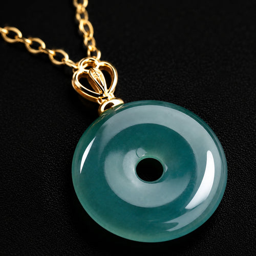 Blue-Green Jadeite Ping An Kou Necklace in 18K Gold