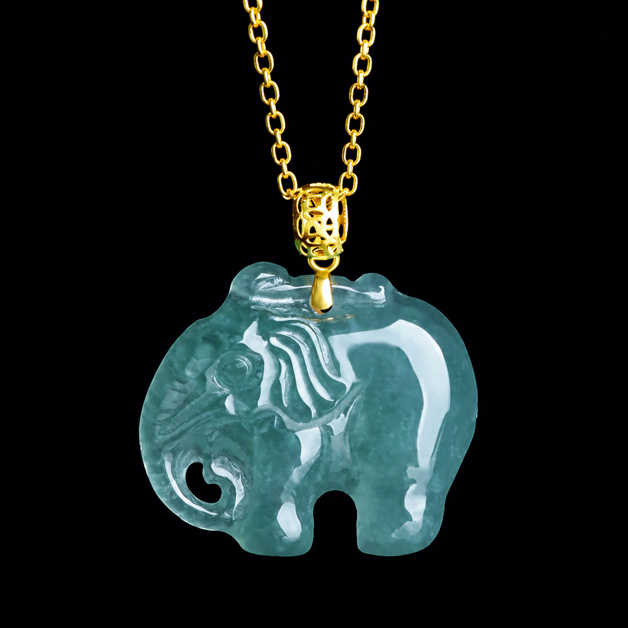 Real Blue Jadeite Elephant Pendant Necklace – 925 Silver Chain 46CM, 18K Gold Clasp
