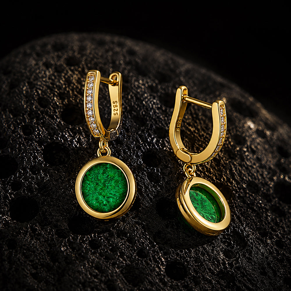 Round Green Jadeite Jade Drop Earrings in Gold