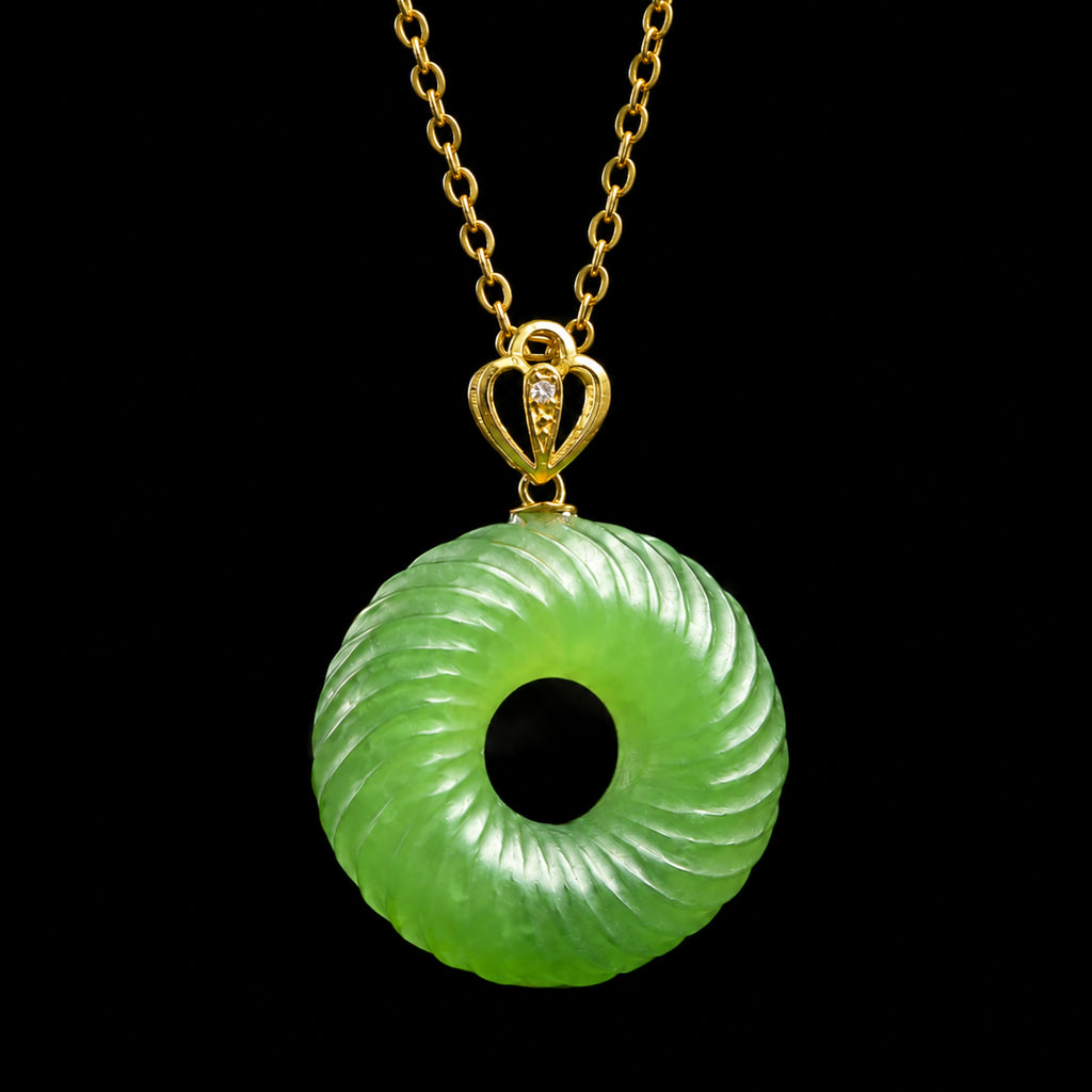 Natural Green Jade Spiral Ping An Kou Necklace – 46cm S925 Silver & 18K Gold Clasp, Symbol of Peace & Good Fortune