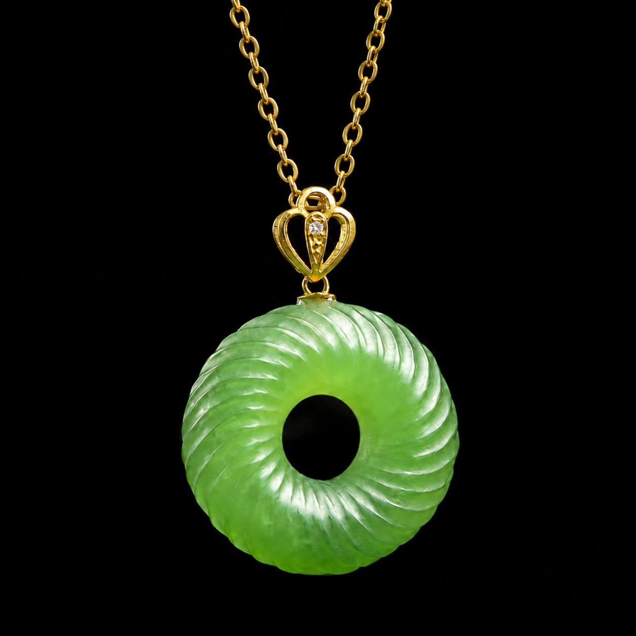 Natural Green Jade Spiral Ping An Kou Necklace – 46cm S925 Silver & 18K Gold Clasp, Symbol of Peace & Good Fortune