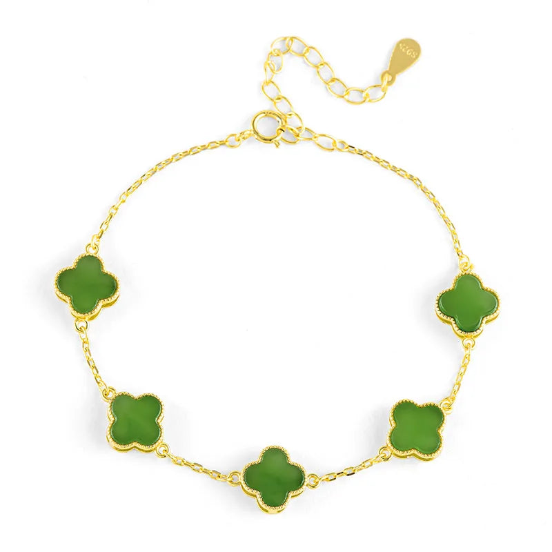 Natural Burmese Green Jade Four-Leaf Clover Bracelet, S925 Silver Jewelry jade BMjade