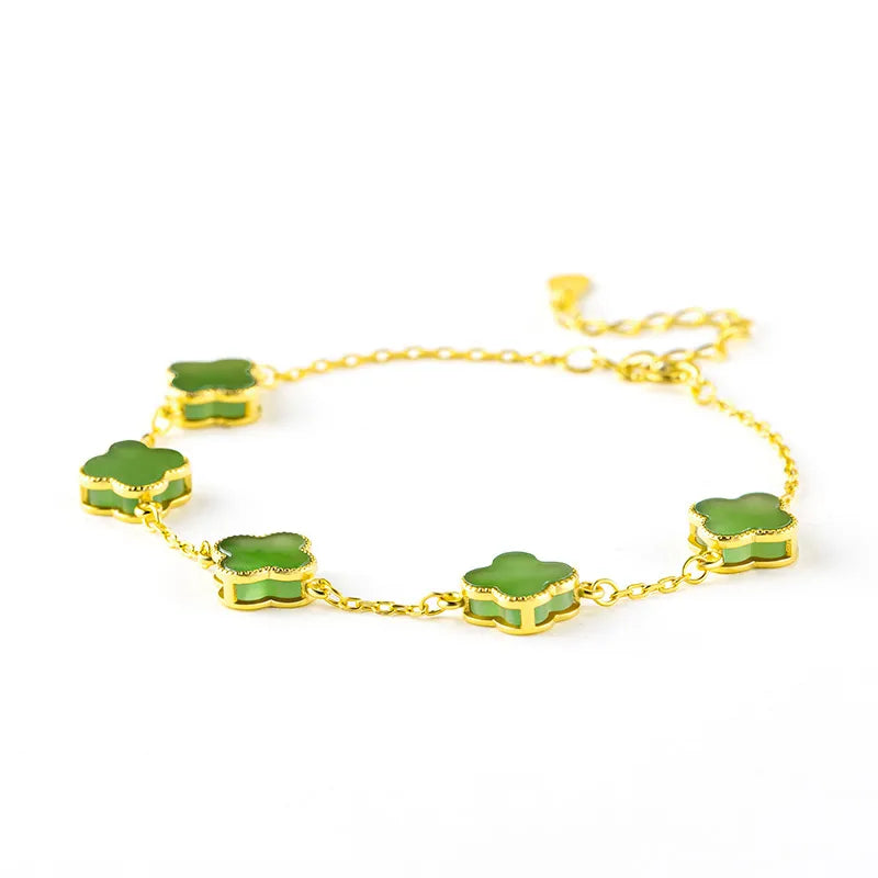 Natural Burmese Green Jade Four-Leaf Clover Bracelet, S925 Silver Jewelry jade BMjade