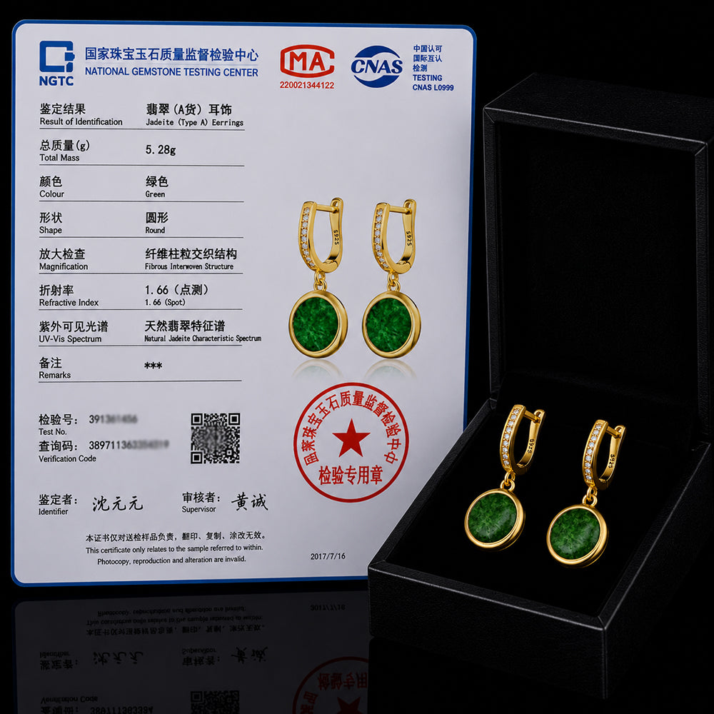 Round Green Jadeite Jade Drop Earrings in Gold