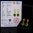 Round Green Jadeite Jade Drop Earrings in Gold