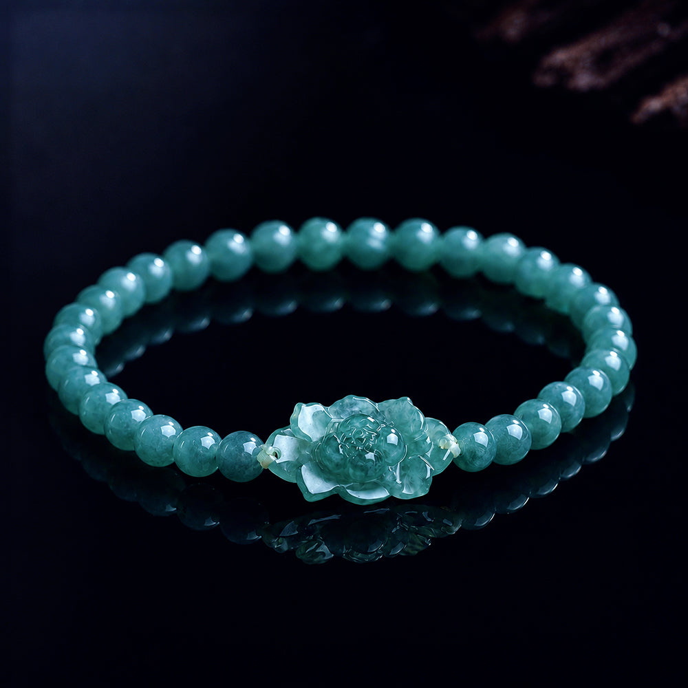 Natural Jadeite Hand-Carved Lotus Beaded Stretch Bracelet