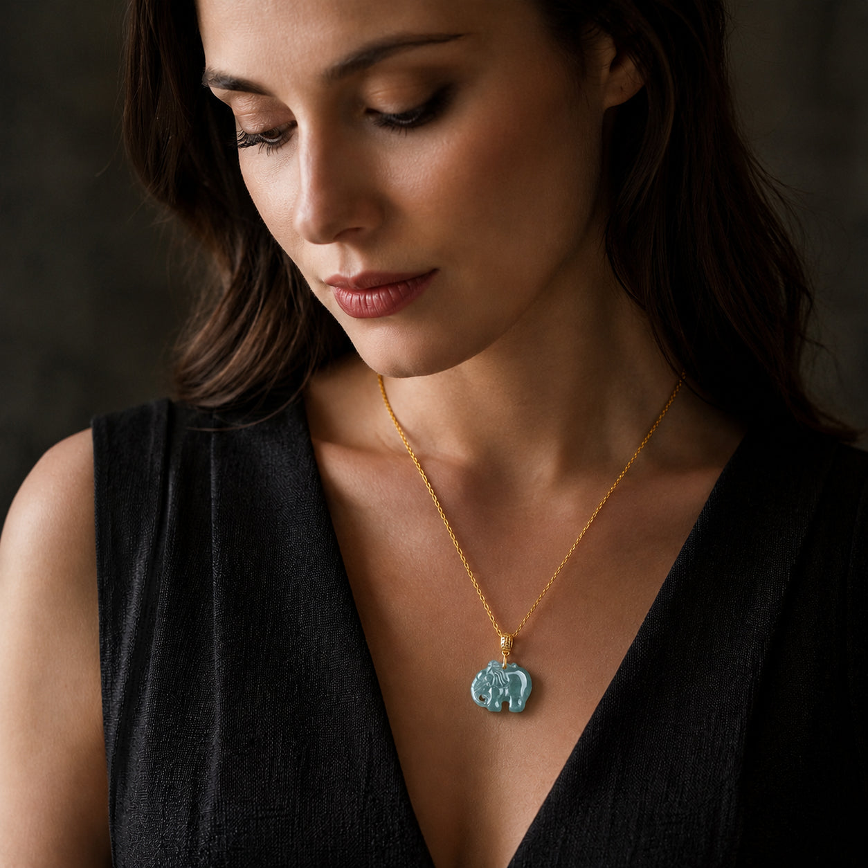 Real Blue Jadeite Elephant Pendant Necklace – 925 Silver Chain 46CM, 18K Gold Clasp