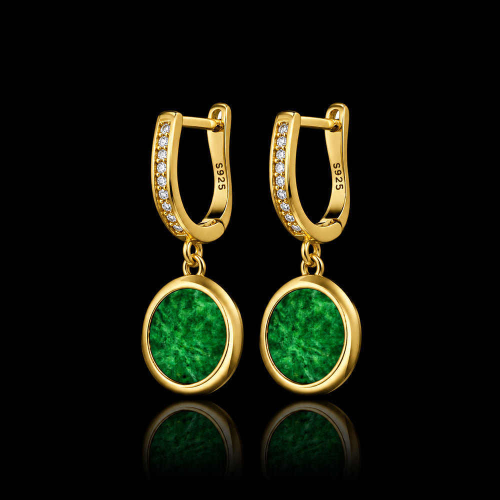 Round Green Jadeite Jade Drop Earrings in Gold
