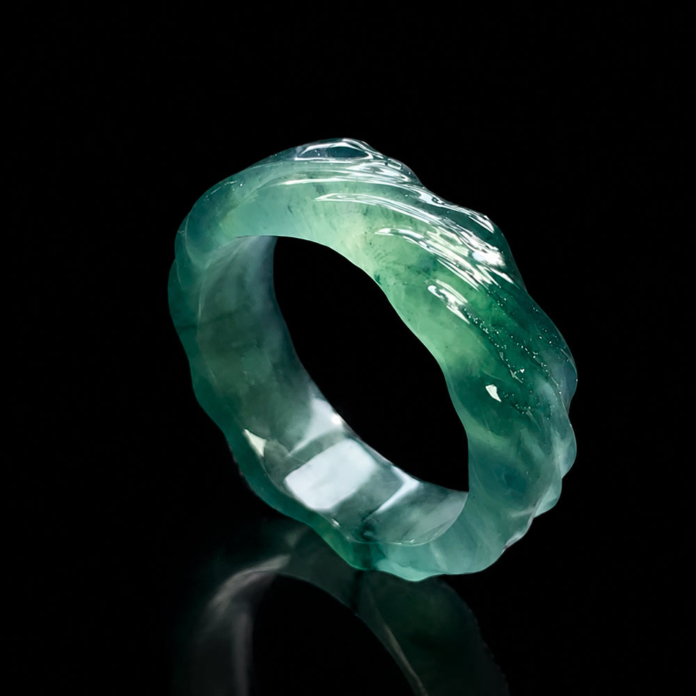 Natural Blue Green Jadeite Water Ripple Ring Sculpted Wave Design