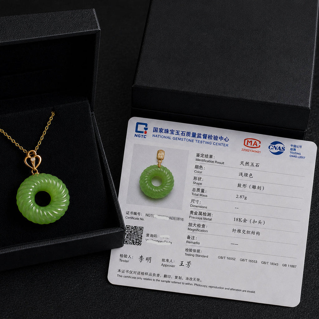 Natural Green Jade Spiral Ping An Kou Necklace – 46cm S925 Silver & 18K Gold Clasp, Symbol of Peace & Good Fortune