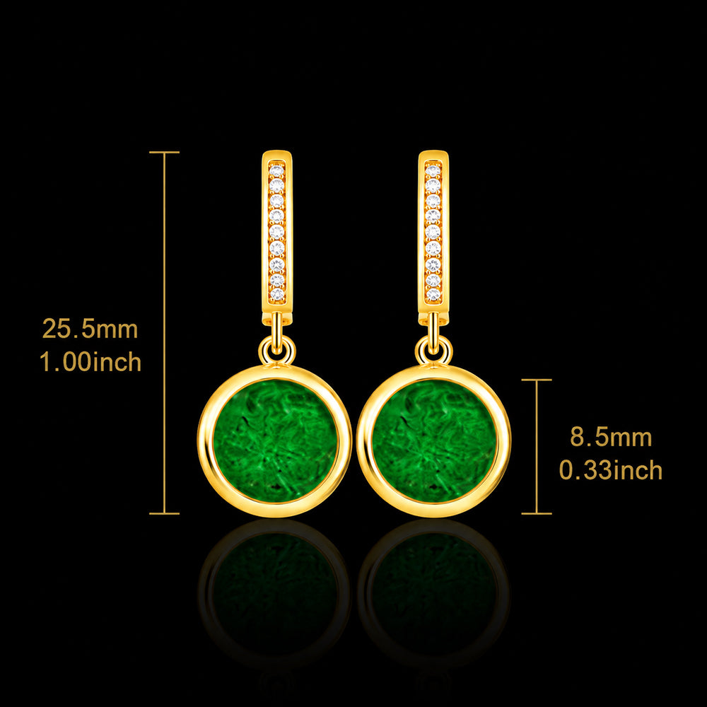 Round Green Jadeite Jade Drop Earrings in Gold